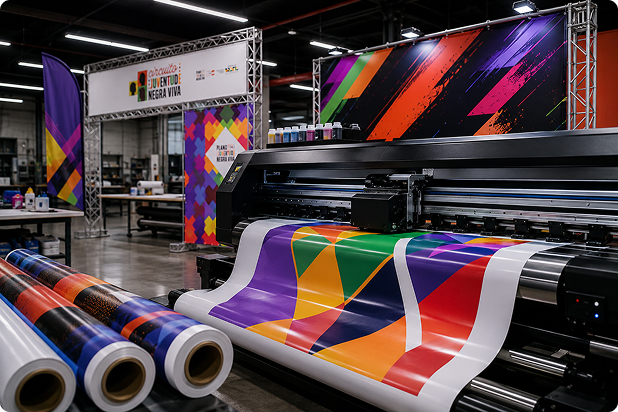 Produção gráfica da MVS: impressão digital de grande formato em andamento na fábrica
